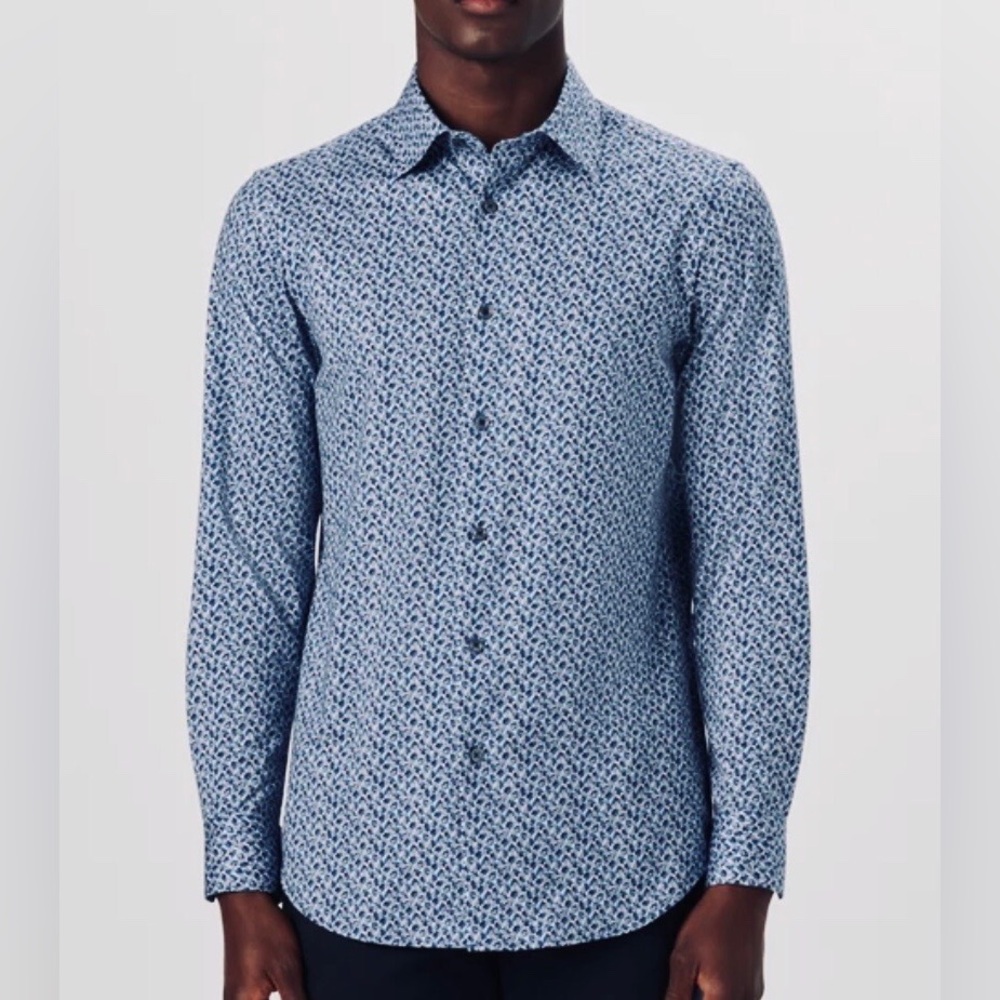BUGATCHI James Leaf Print LS Dress Shirt Classic Blue OoohCotton Size XL